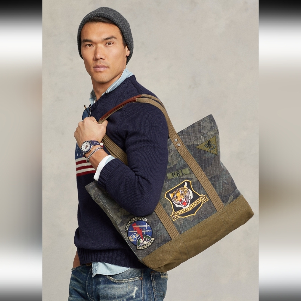 Polo by Ralph Lauren Olive Green & Brown Patchwork Canvas Tote